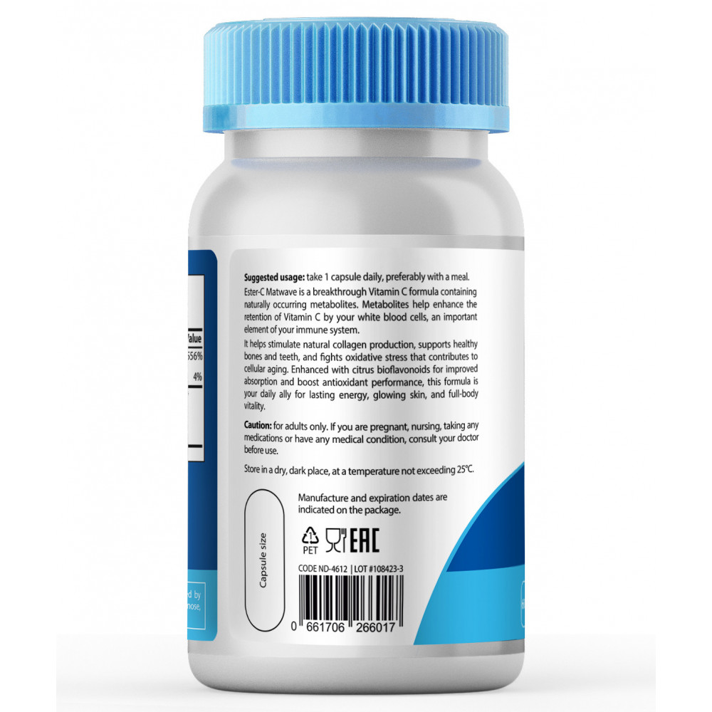 Ester-C Matwave 500 mg 60 capsules back side directions for use instructions