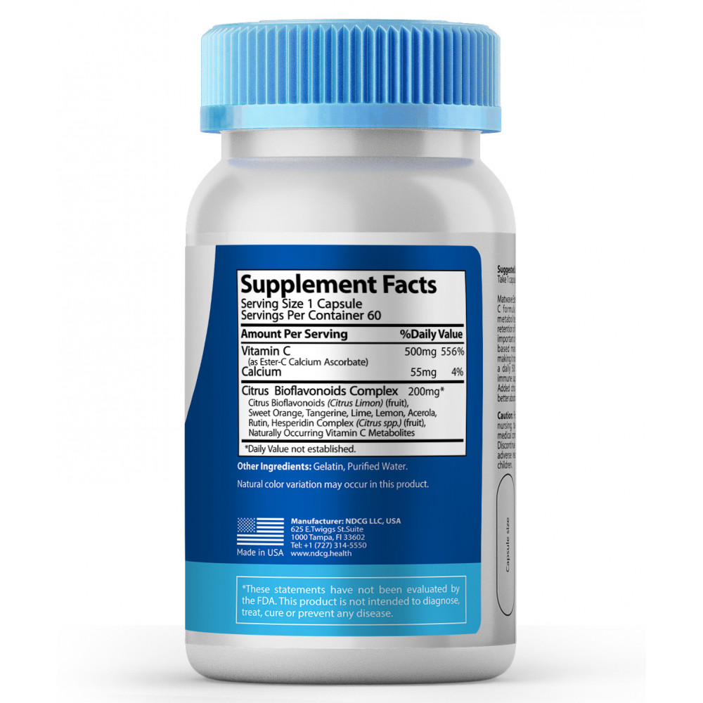 Ester-C Matwave 500 mg 60 capsules back side ingredients