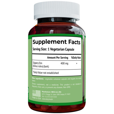 Slippery Elm NDCG 400 mg 100 capsules back side ingredients