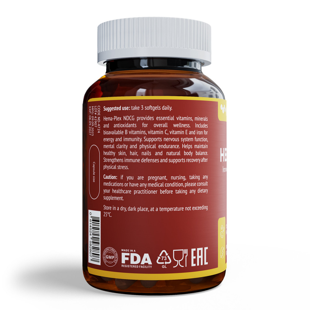 Hema-Plex NDCG 85 mg 60 softgels back side directions for use instructions