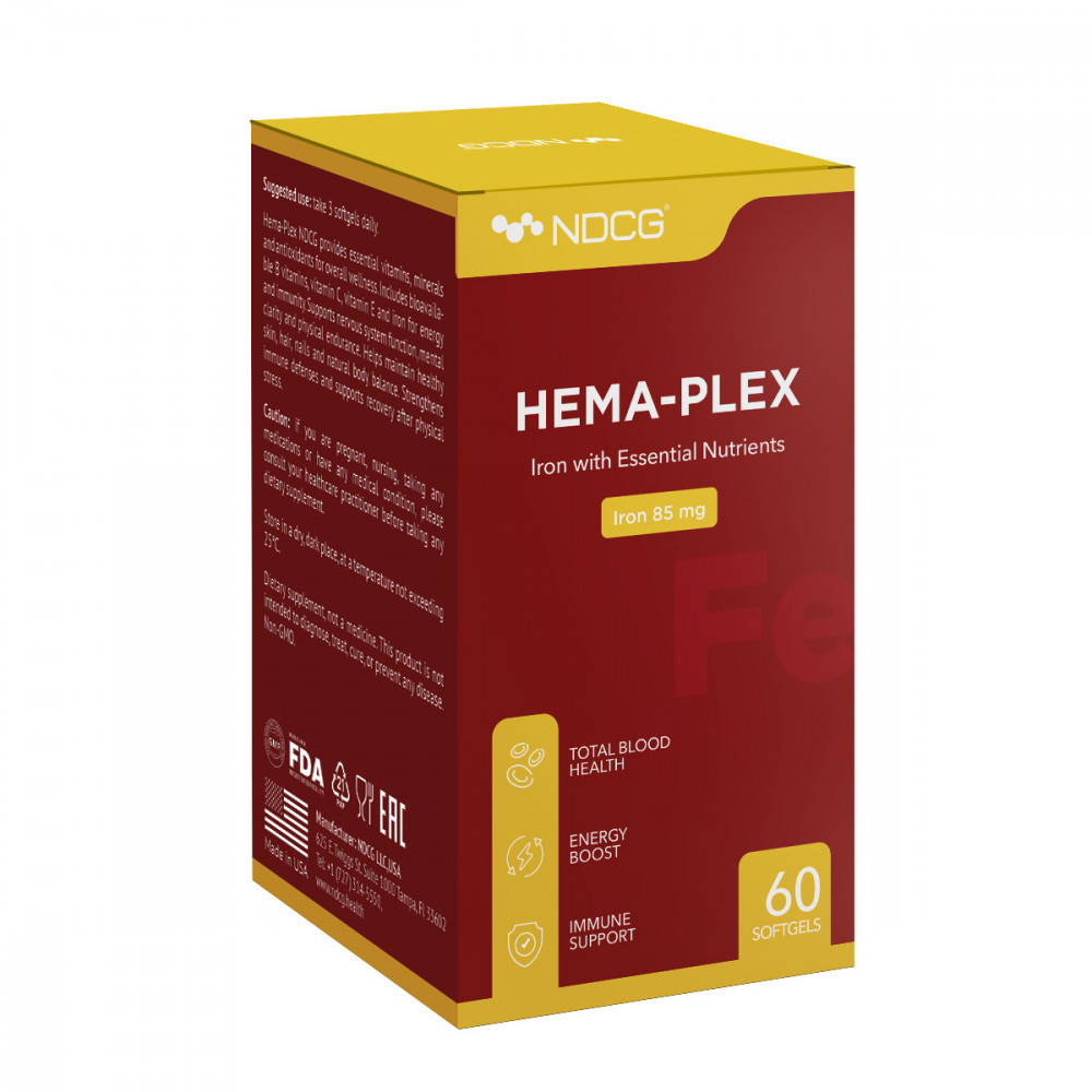 Hema-Plex NDCG 85 mg 60 softgels packaging box close-up view