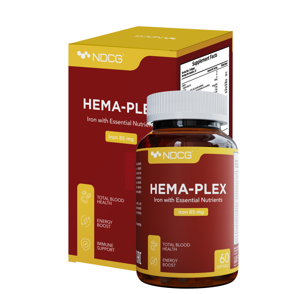 Hema-Plex NDCG 85 mg 60 softgels packaging box close-up view