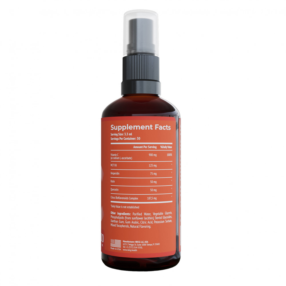 Liposomal Vitamin C NDCG 900 mg 100 ml back side ingredients and directions for use