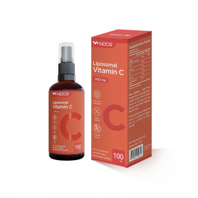 Liposomal Vitamin C NDCG 900 mg 100 ml liquid dietary supplement front side and cardboard box