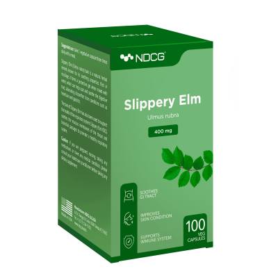 Slippery Elm NDCG 400 mg 100 capsules packaging box close-up view
