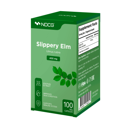 Slippery Elm NDCG 400 mg 100 capsules packaging box close-up view